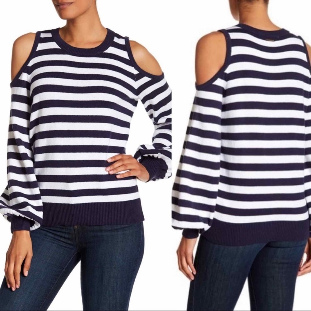 MICHAEL Michael Kors Blue White Striped Cold‎ Shoulder Sweater Small